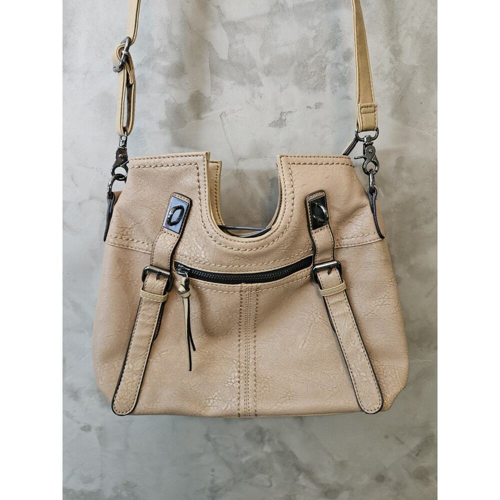 Black Rivet Beige Shoulder Crossbody Bag with Buckle Accent and Zippers